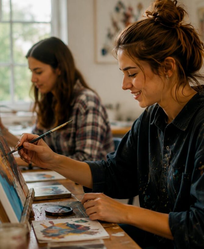 Student painting in an art studio