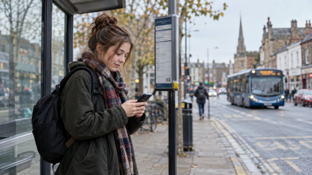 Young adult checking directions on a phone near a bus stop, building independence and everyday life skills during recovery.