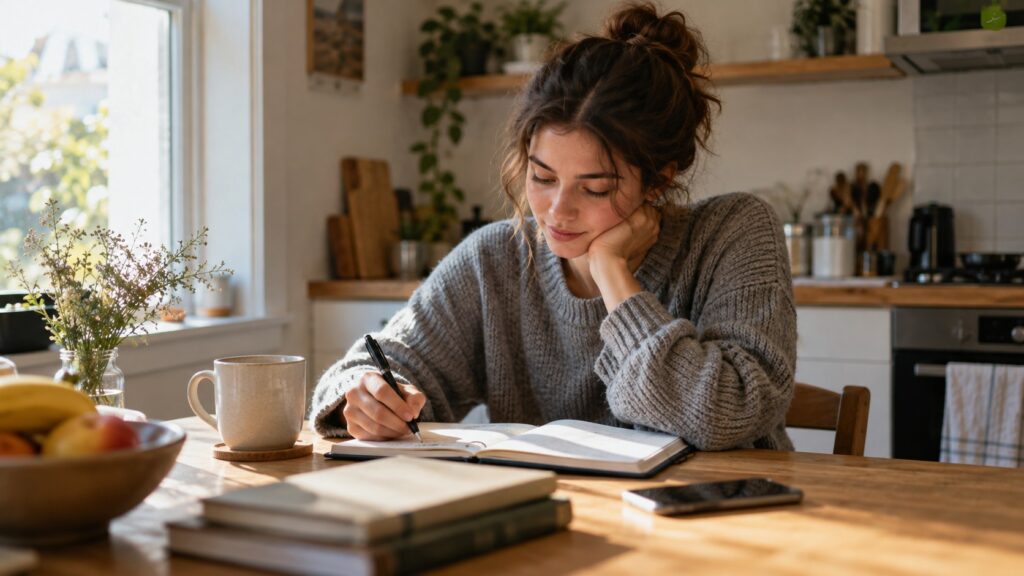 Young adult reviewing a daily planner at home, developing healthy routines and practical life skills during recovery.