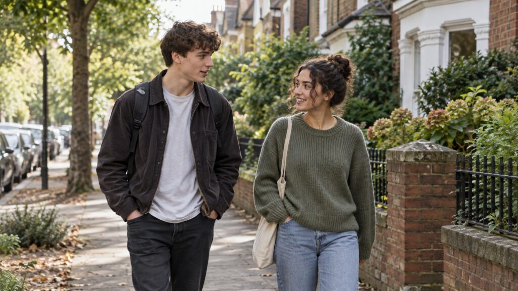 Young adult walking with a friend along a leafy path, representing recovery, social connection, and growing independence.